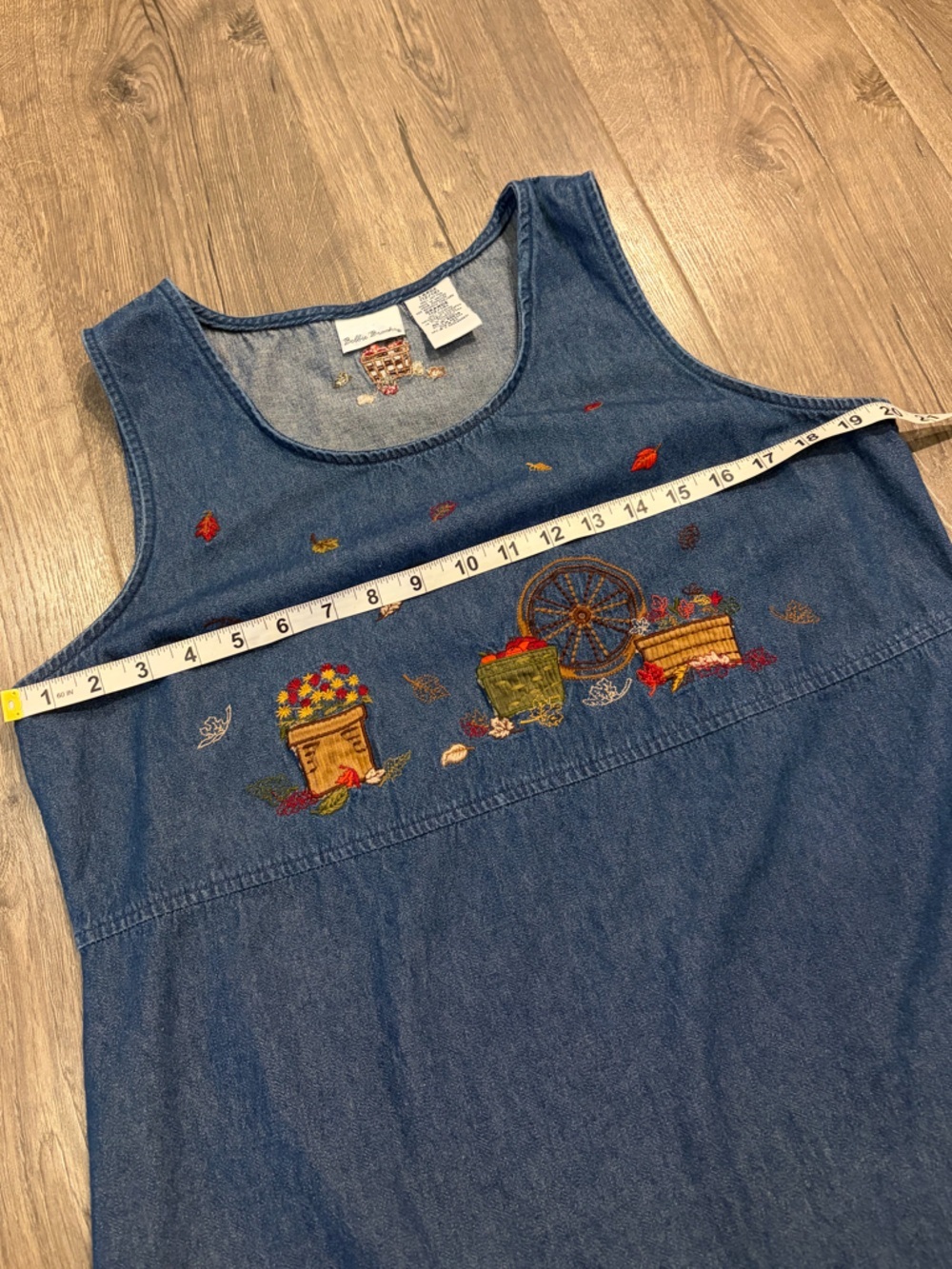 Bobbie Brooks Denim Jumper Dress Embroidered Fall Leaves L Cottagecore Vitg 90s - Picture 8 of 10